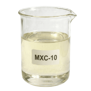 Clear light yellow liquid MXC-10 amine catalyst in a glass beaker for balanced polyurethane foam production