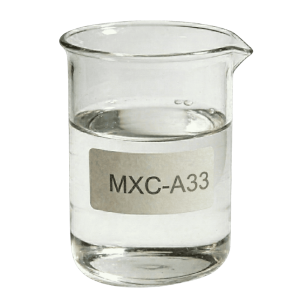 Clear liquid MXC-A33 amine gel catalyst (33% TEDA) in a glass beaker for universal polyurethane systems